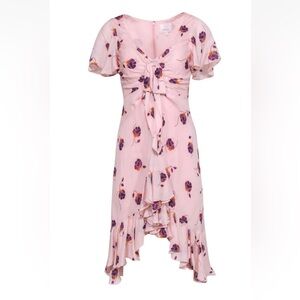 Cinq a Sept Midi Dress Blush Pink Floral Print Ruffle Trim Sz 4 Silk Bow Tie